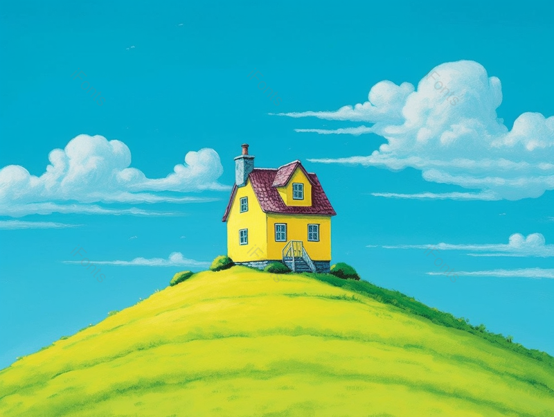 蓝天白云天气晴朗在绿色的山峰顶上的一栋房子手绘插画背景,插画/手绘图,插画/手绘图库,插画/手绘图下载,插画/手绘